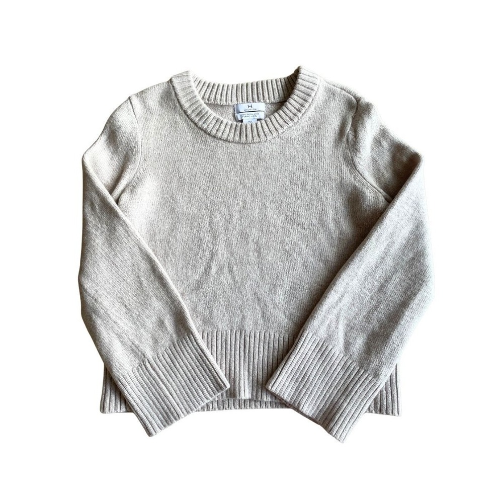 Halston Womens L 100% Extra Fine Merino Wool Sweater Oatmeal Beige Crewneck